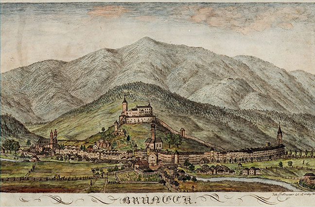 Johann-N.-Tinkhauser-Ansicht-von-Bruneck-kolorierter-Kupferstich-1828